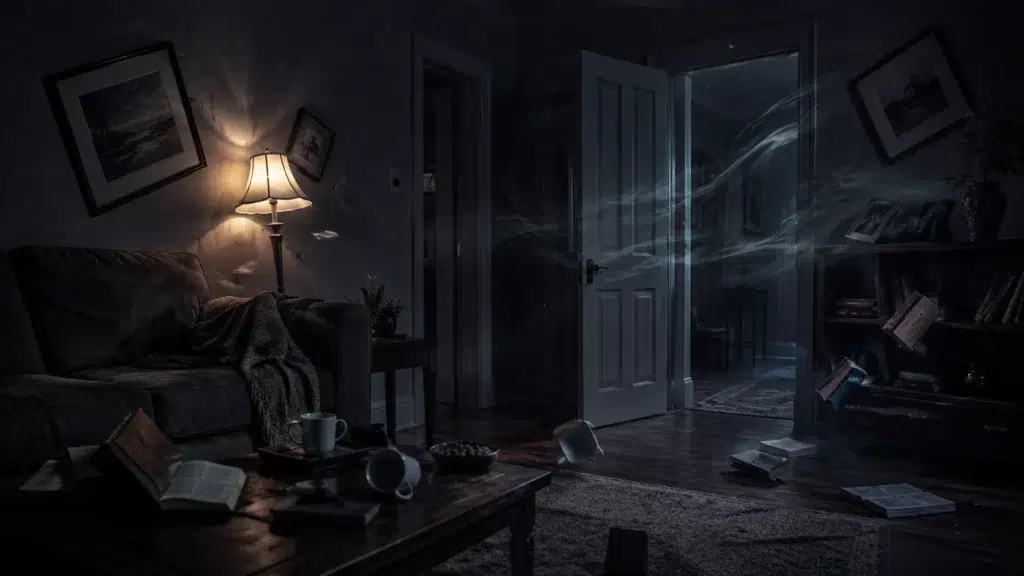 Dark living room with ghostly energy and objects disturbed by poltergeist activity