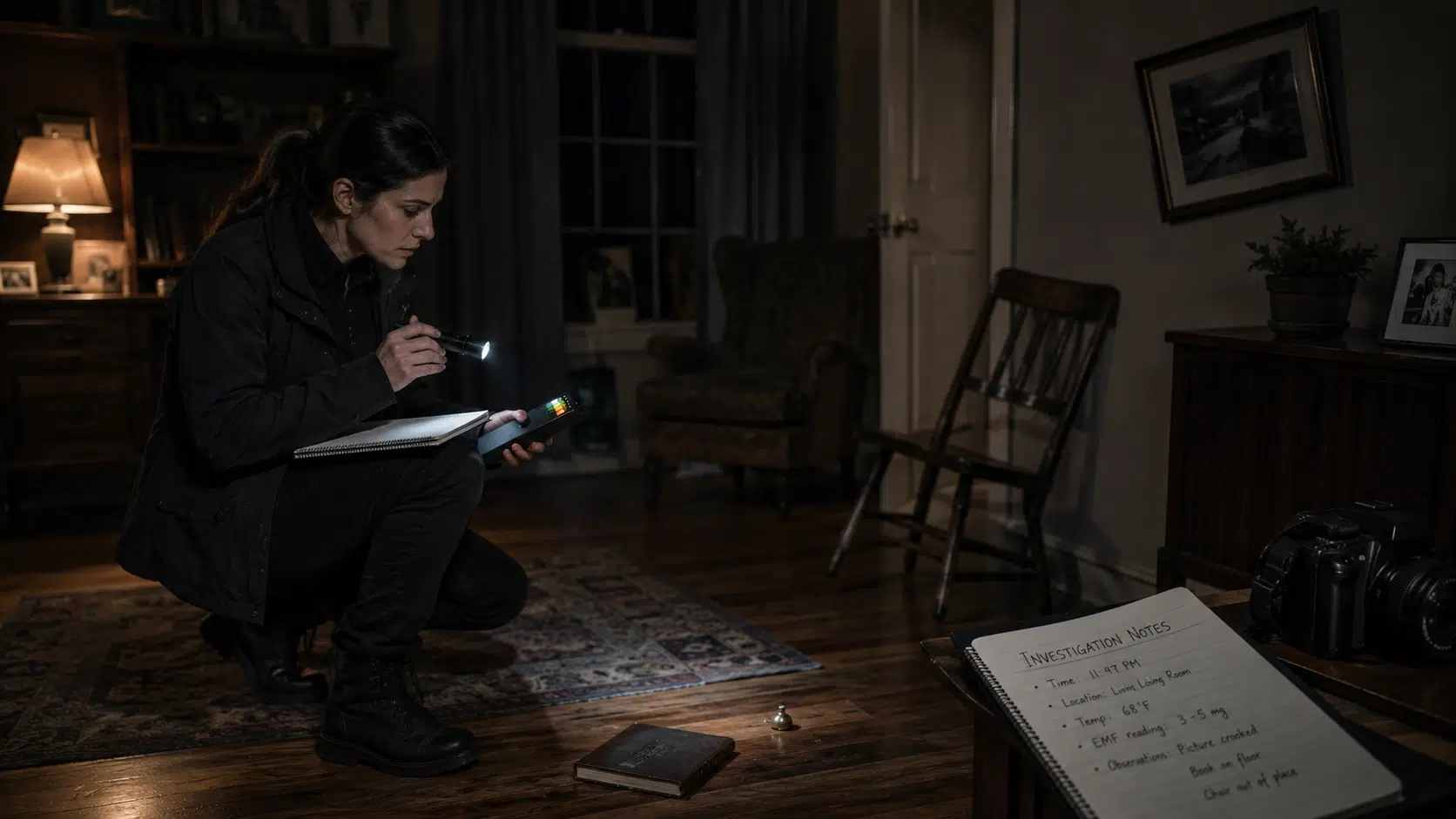 Paranormal investigator documenting suspected poltergeist activity with EMF meter and investigation notes