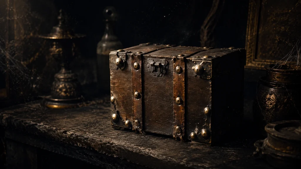 Closed antique Dybbuk box in a shadowy room representing haunted object mystery