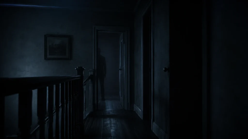 Eerie hallway with shadowy figure linked to shadow people sightings