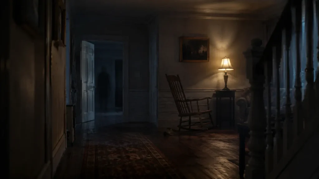 Dark haunted hallway with shadowy figure and unsettling atmosphere