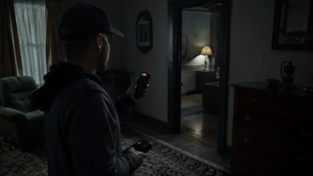 Paranormal investigator using EMF meter inside a dark haunted room