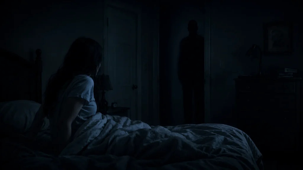 Dark shadow figure seen in a bedroom during a shadow people encounter