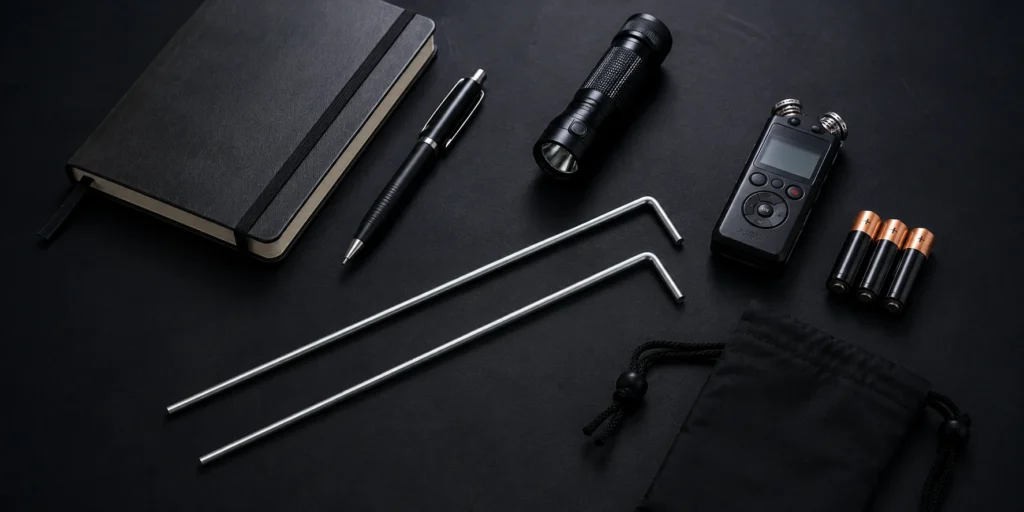 Dowsing rods with ghost hunting equipment, notebook and EVP recorder