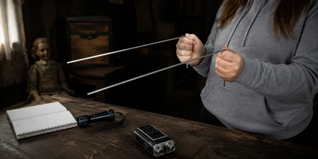 Dowsing rods used near a haunted doll during a paranormal investigation