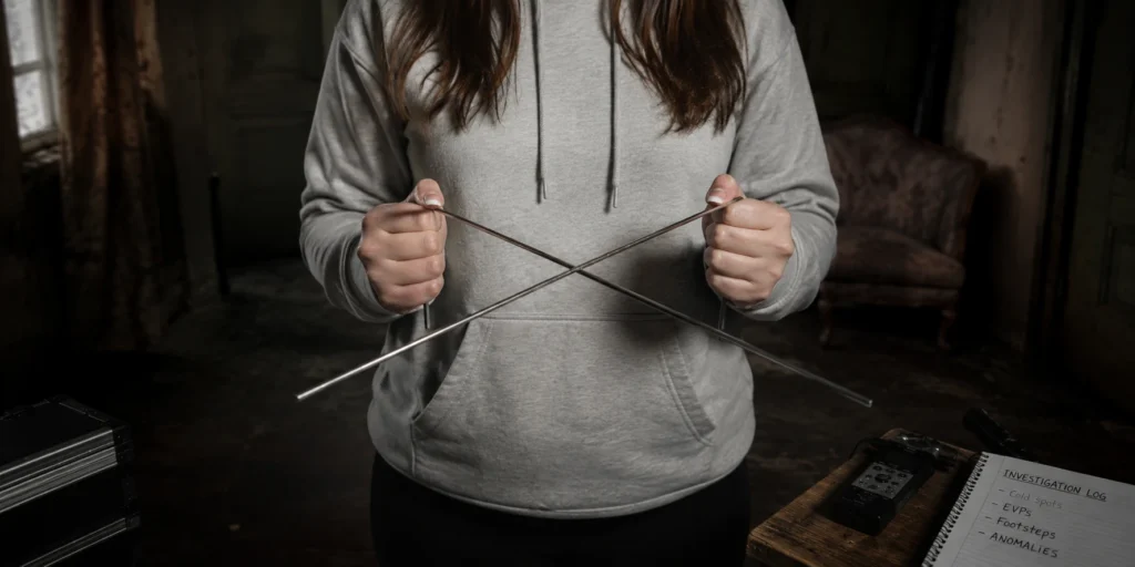 Crossed dowsing rods during a paranormal investigation