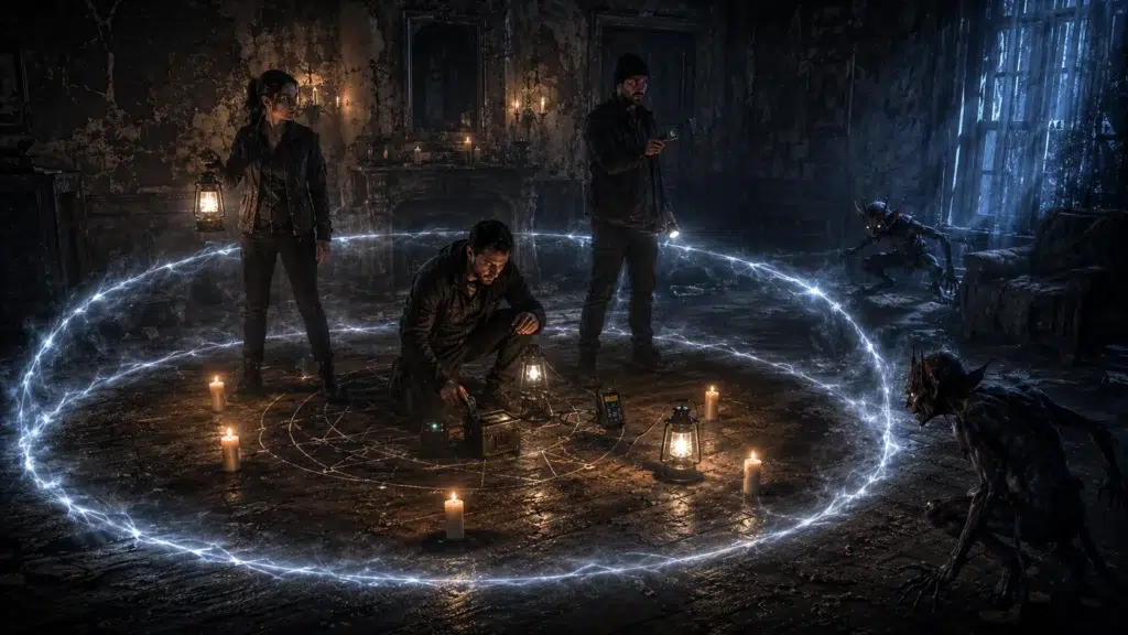 Paranormal investigators setting protective boundaries during an imp investigation