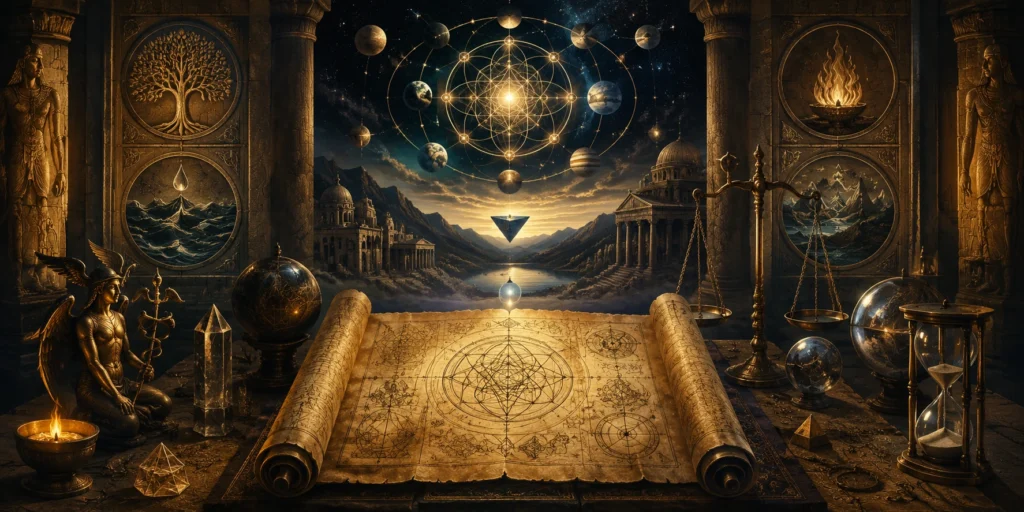 Hermetic study beneath a cosmic night sky symbolising spiritual wisdom, astrology, and ancient mystical philosophy