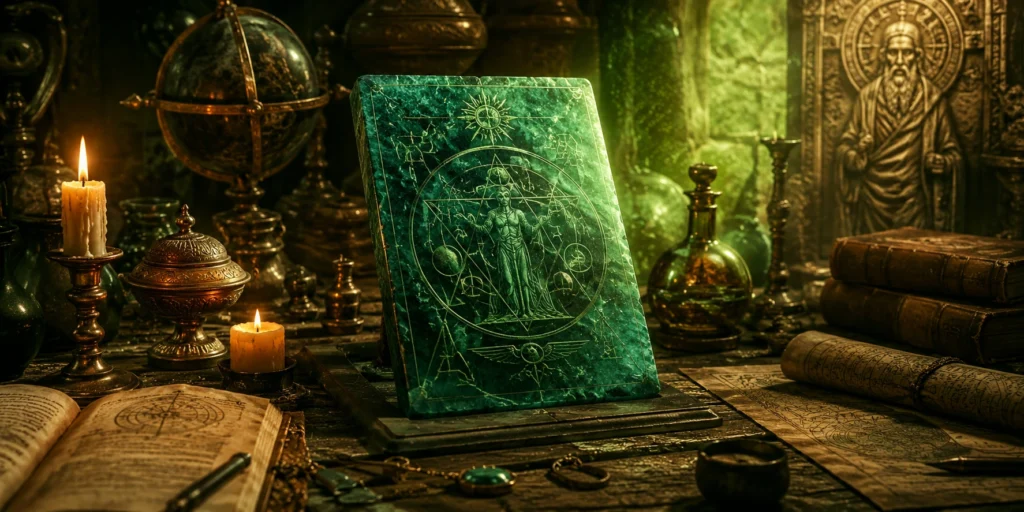 Alchemist’s worktable with ancient books, tools, and esoteric objects inspired by Hermeticism and occult tradition