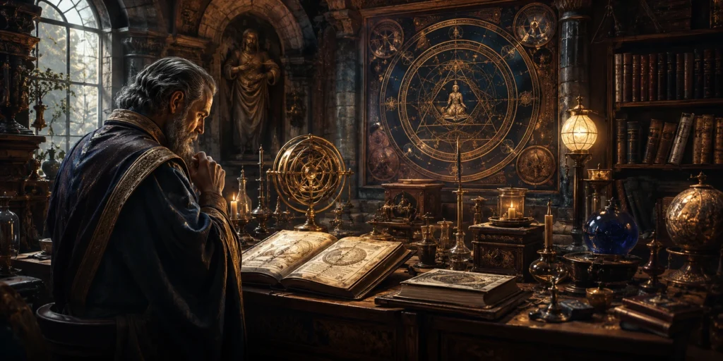 Mystical scholar in an alchemist’s study representing Hermetic wisdom, esoteric learning, and spiritual study