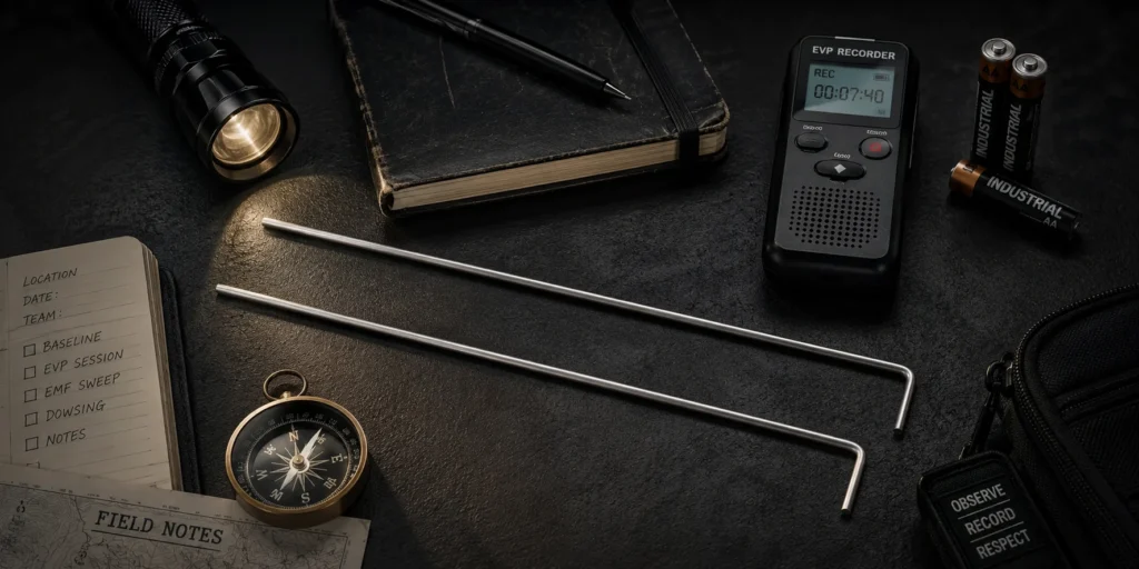 Dowsing rods with EVP recorder, flashlight and ghost hunting equipment