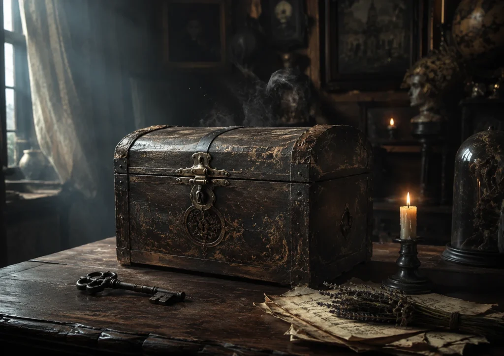 Antique wooden chest in a dim study representing a haunted or cursed object