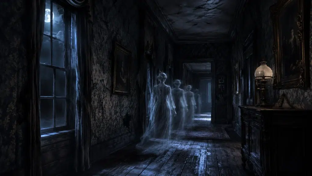 Shadowy apparition in a haunted hallway linked to residual haunting activity