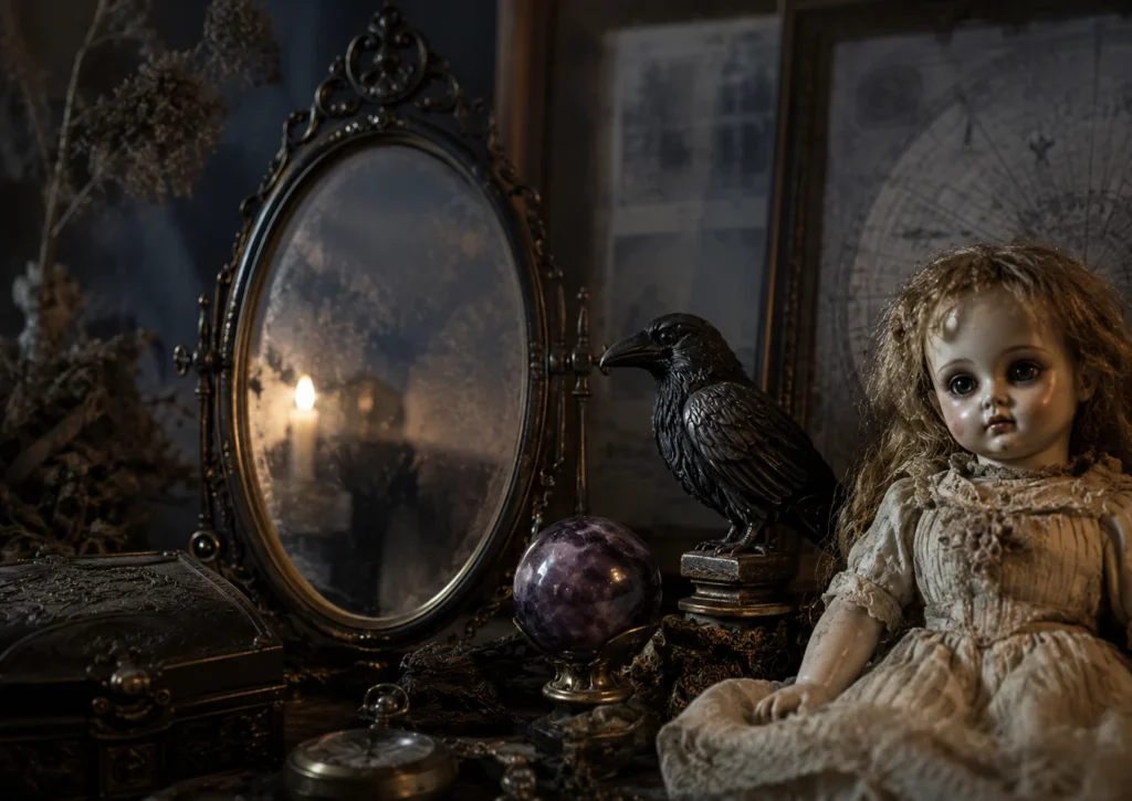 Collection of antique curiosities and occult-style objects associated with haunted object folklore