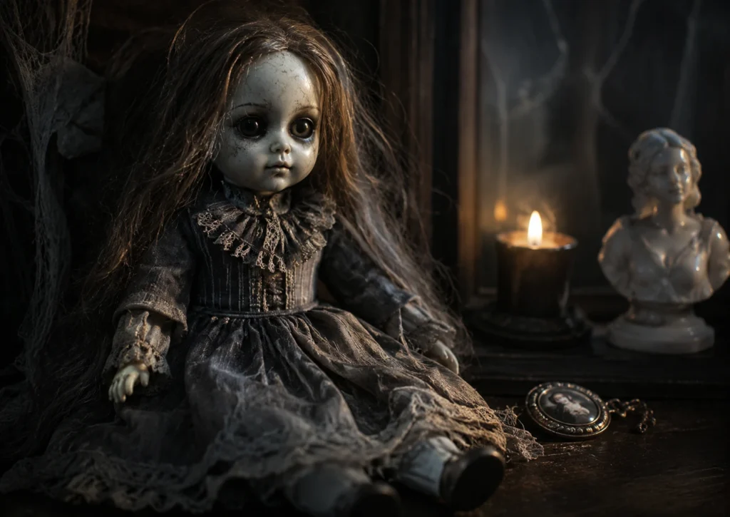 Haunted doll in eerie candlelight representing one of the most feared types of haunted objects