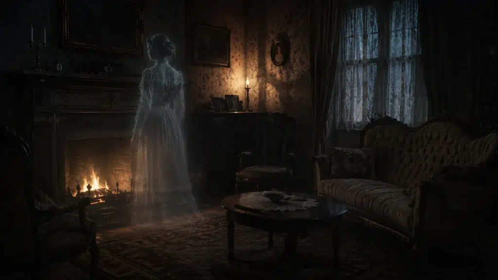 Haunted Victorian parlour with ghostly presence and lingering residual energy