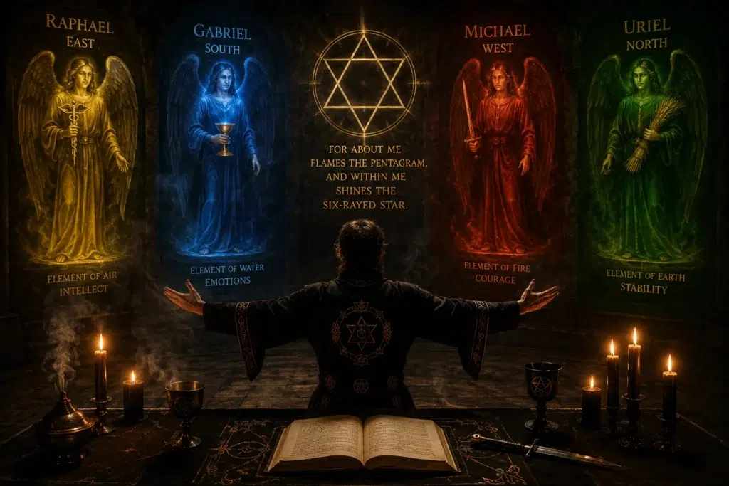 Archangels Raphael Gabriel Michael and Uriel invoked during the Lesser Banishing Ritual of the Pentagram