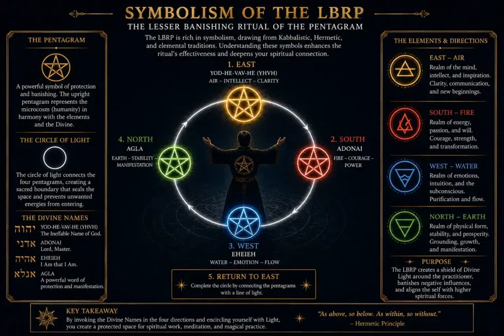 Symbolism of the Lesser Banishing Ritual of the Pentagram showing the four directions and divine names