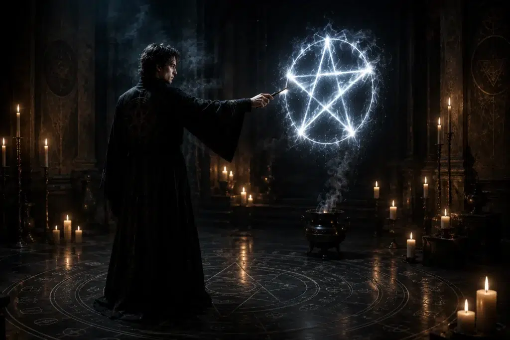 Practitioner drawing a glowing pentagram during the Lesser Banishing Ritual of the Pentagram