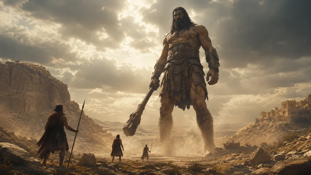 Towering Nephilim giant facing ancient warriors in a desert landscape