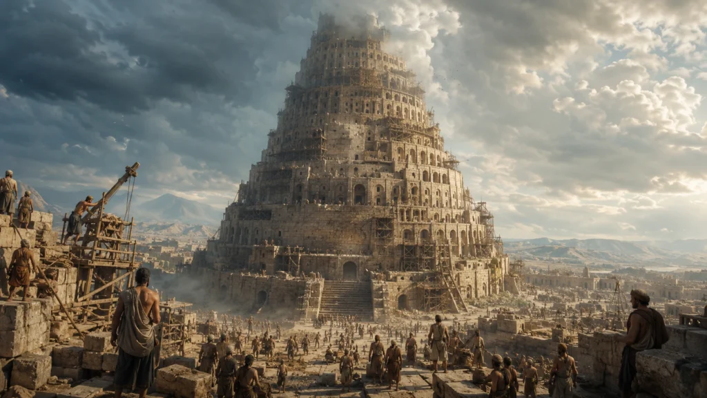 Ancient ziggurat under construction representing Tower of Babel and Anunnaki theories