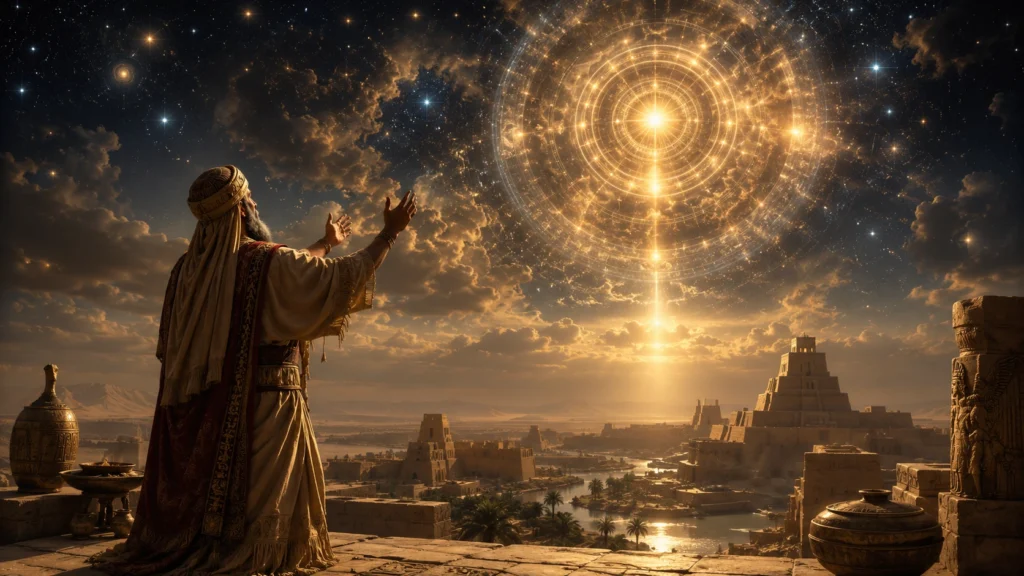 Ancient figure looking toward a celestial wheel above Mesopotamian temples