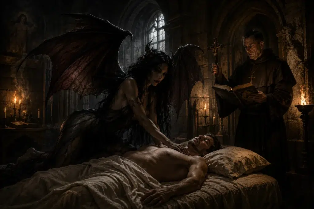 Medieval demonology depiction of a succubus and incubus legend in a gothic chamber