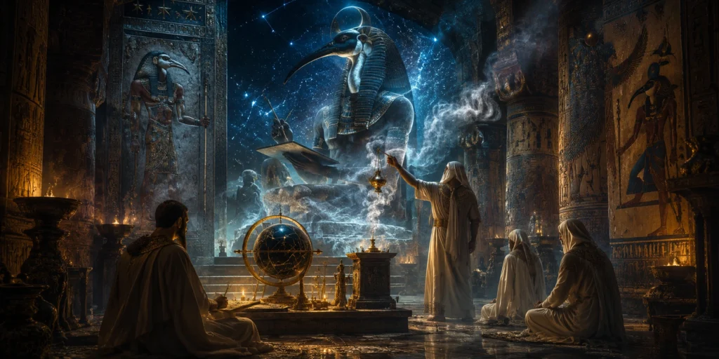 Ancient Egyptian temple ritual showing Thoth connected with divine wisdom and oracles