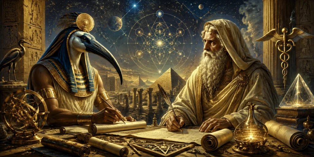 Thoth and Hermes Trismegistus surrounded by ancient symbols and cosmic knowledge