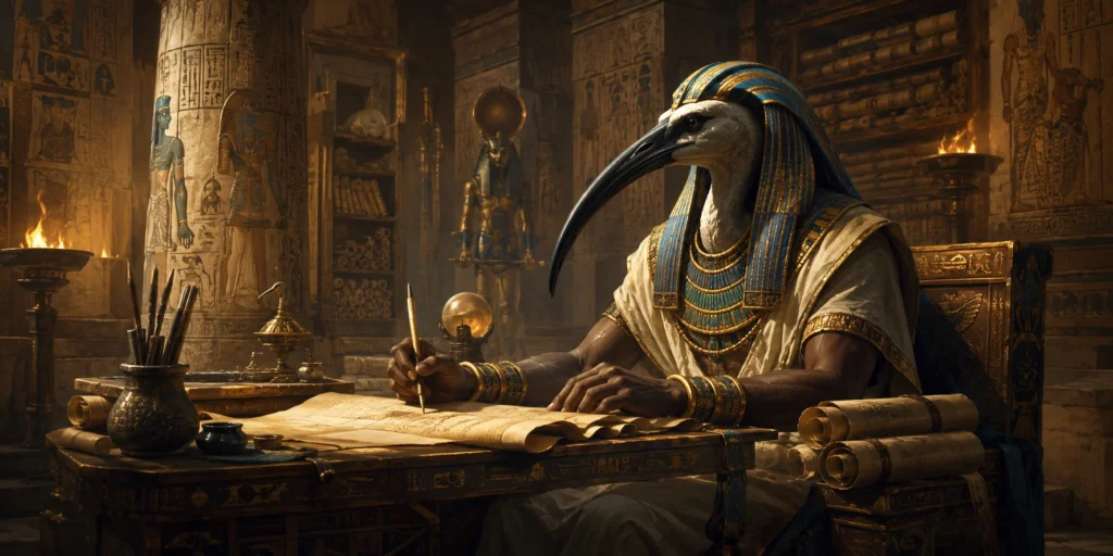 Thoth as an ancient Egyptian scribe writing on a scroll inside a temple