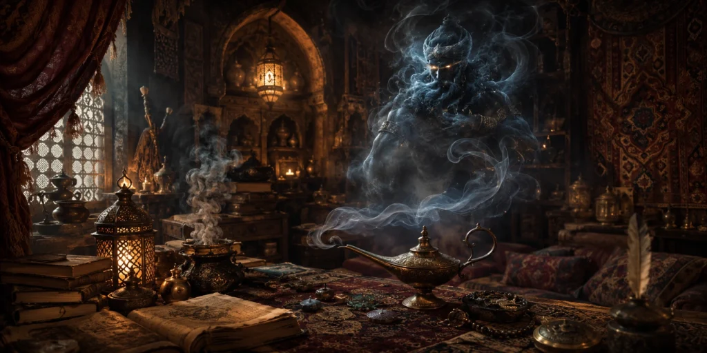 Mystical Djinn spirit rising from smoke in an ornate room with a lamp and ritual objects