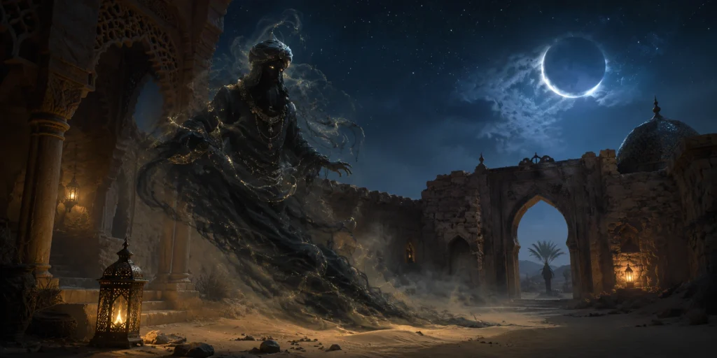 Shadowy Djinn spirit in an ancient desert courtyard with Islamic-style architecture