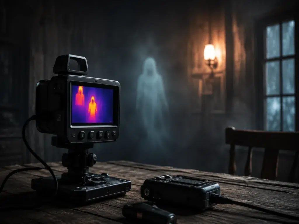 Thermal camera detecting a ghostly figure during a paranormal investigation