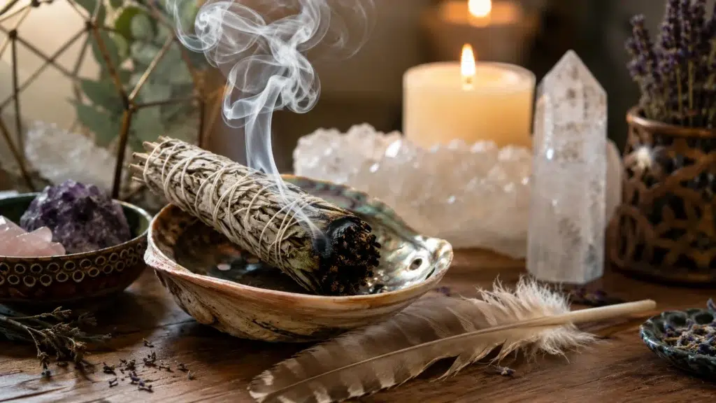 Person smudging a home with sage to cleanse negative energy and create a calm space