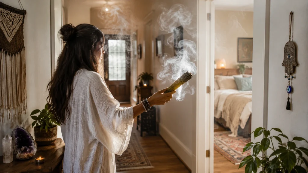 Smudging ritual in a peaceful home with sage smoke used for spiritual cleansing