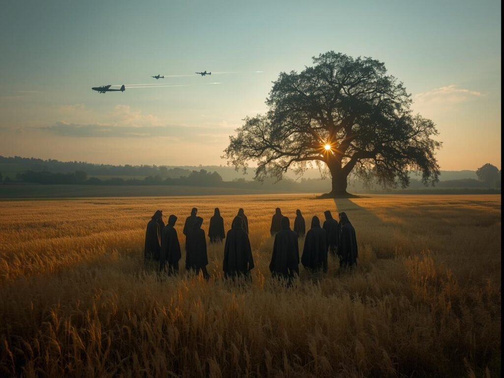 A harvest-time scene in the English countryside, golden fields under a twilight sky. In the distance, faint shadows of warplanes streak overhead, while in the foreground, an old coven gathers near a gnarled oak tre