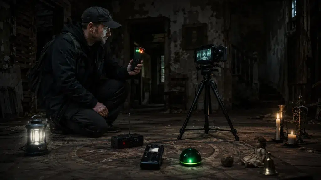 Paranormal investigator using ghost hunting equipment inside a haunted room