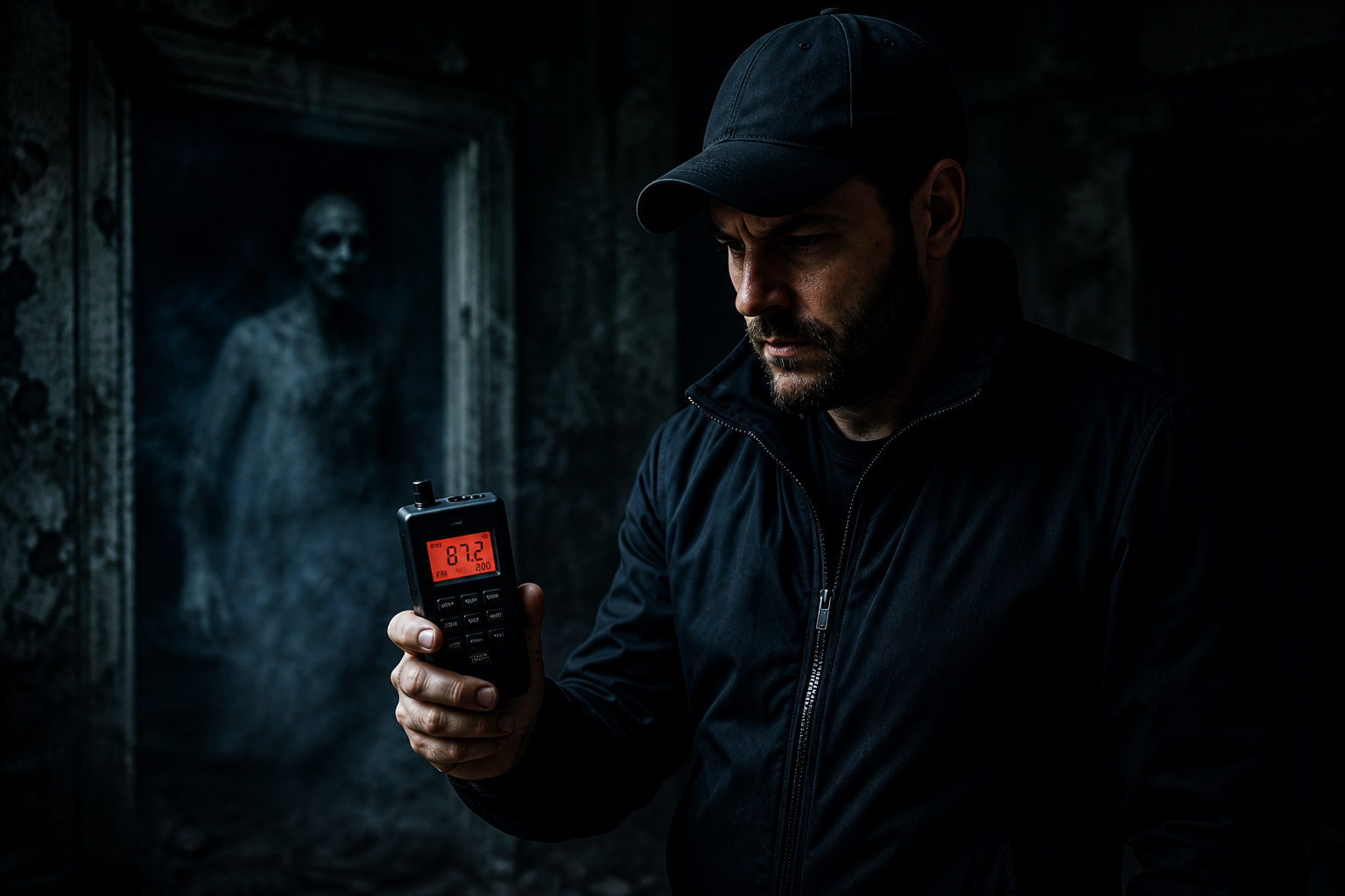 Investigator using a spirit box device during a paranormal ghost hunting session