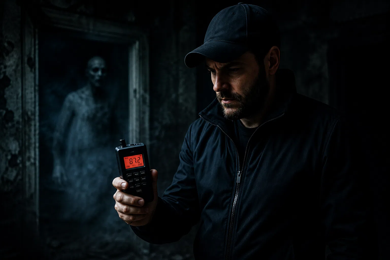 Investigator using a spirit box device during a paranormal ghost hunting session