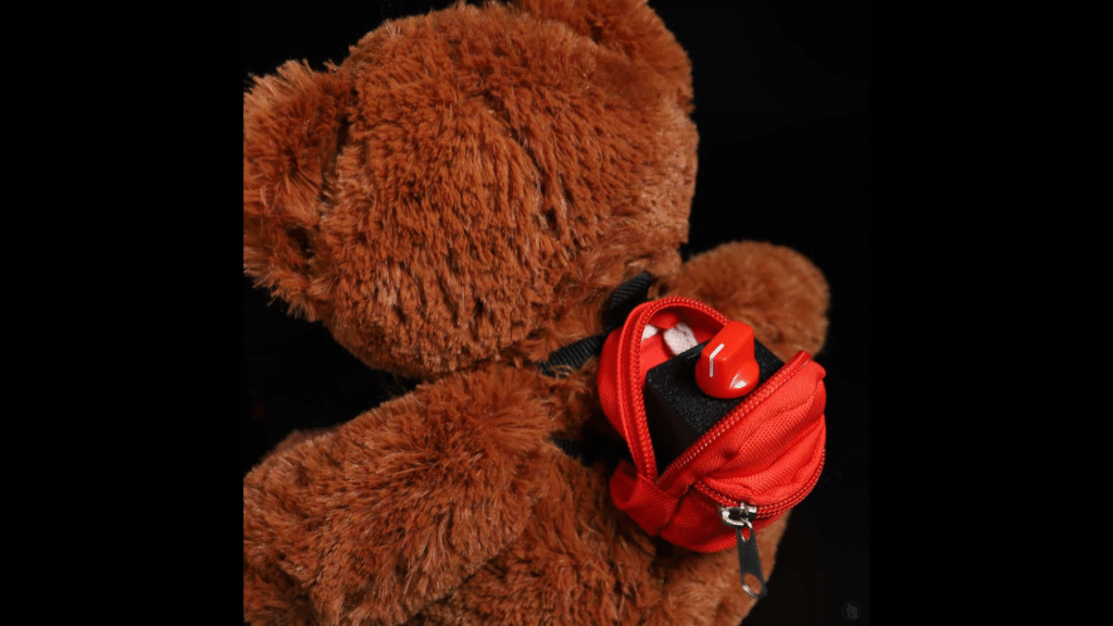 A close-up of the BooBuddy's backpack, showing the control unit and zipper pouch inside
