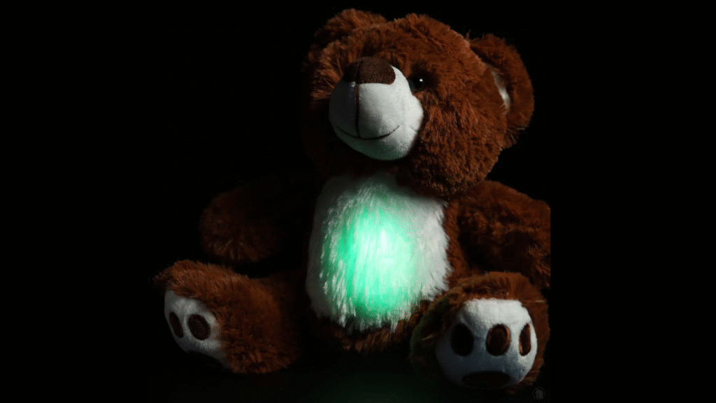 A teddy bear designed for ghost hunting in a dimly lit room, its belly glowing faintly
