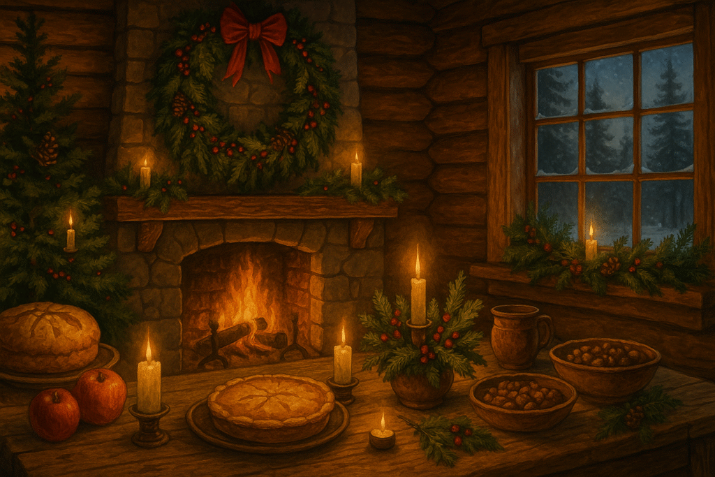 pagan cottage with warm lighting, Candles and Holly rings around a fire