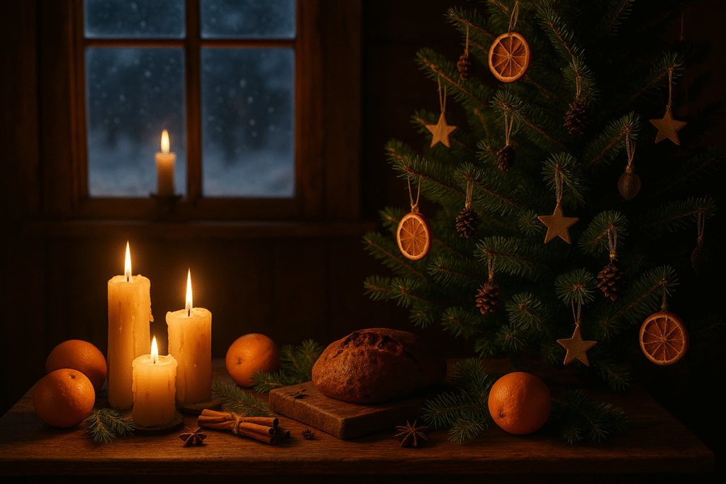 Candles by a windows next to a Christmas tree in a pagan cottage, The window depicts a snowy theme