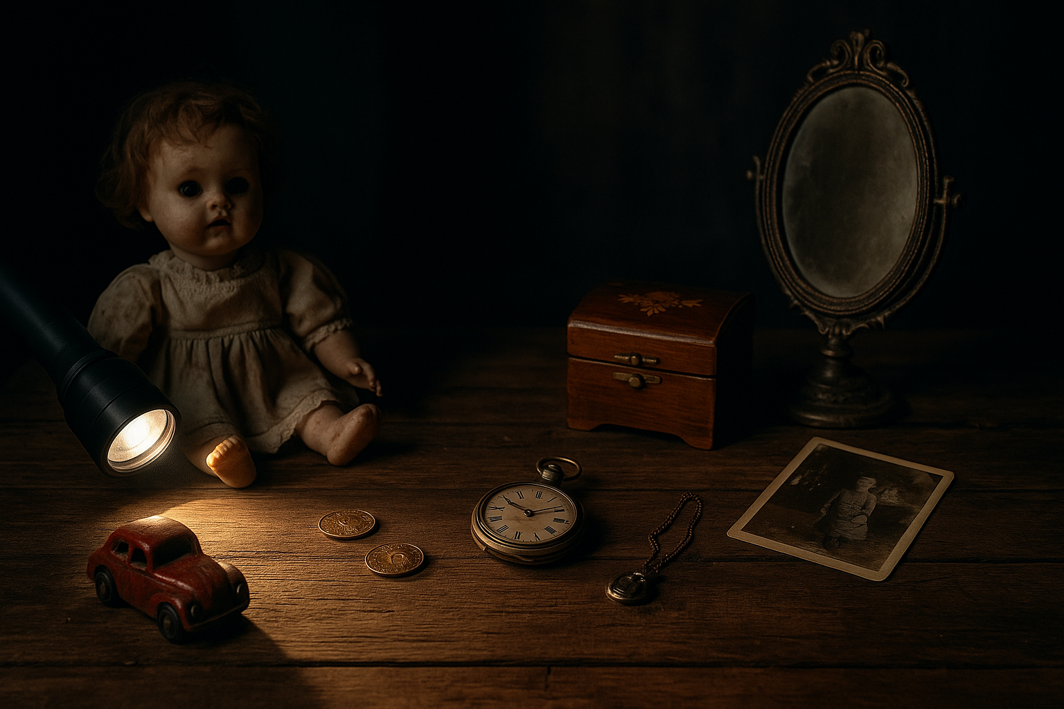 Doll, coins and trigger objects on a table