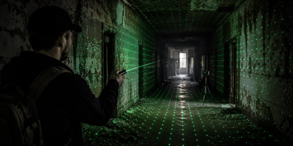 Paranormal investigator using a green laser grid in an abandoned corridor
