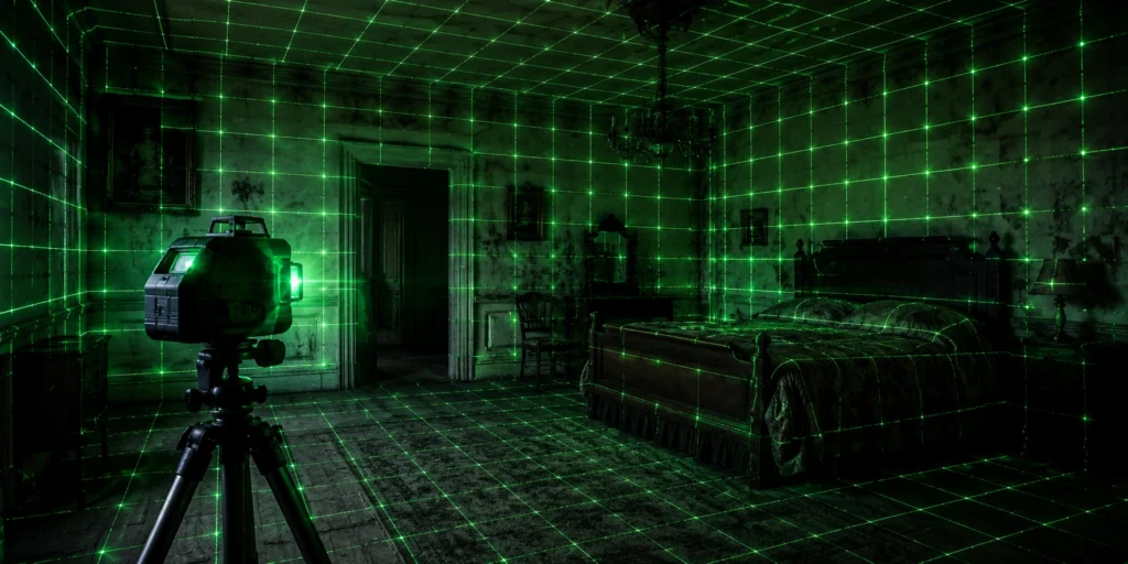 Tripod-mounted green laser grid scanning an abandoned haunted room