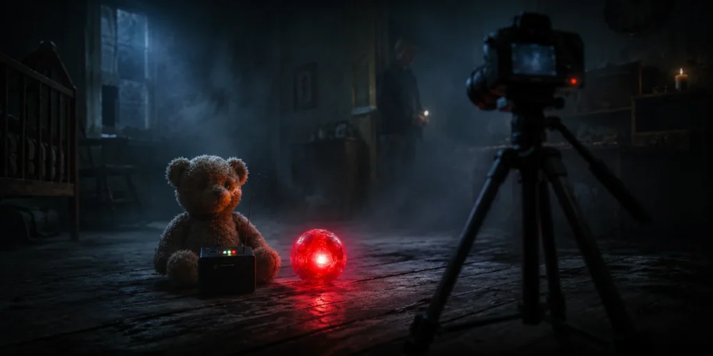 Cat ball beside a teddy bear trigger object with a camera recording the investigation