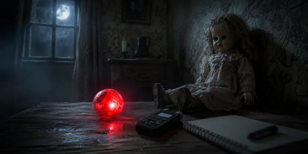 Cat ball glowing beside a haunted doll during a paranormal trigger object experiment