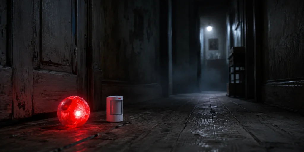 Glowing cat ball and motion sensor placed in a dark hallway during a ghost hunt