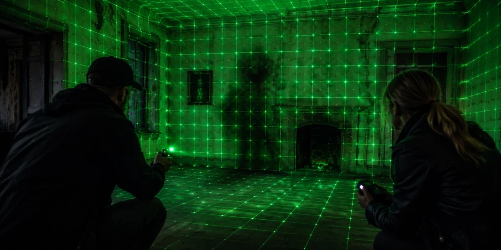 Ghost hunters using a green laser grid during an investigation in an abandoned room